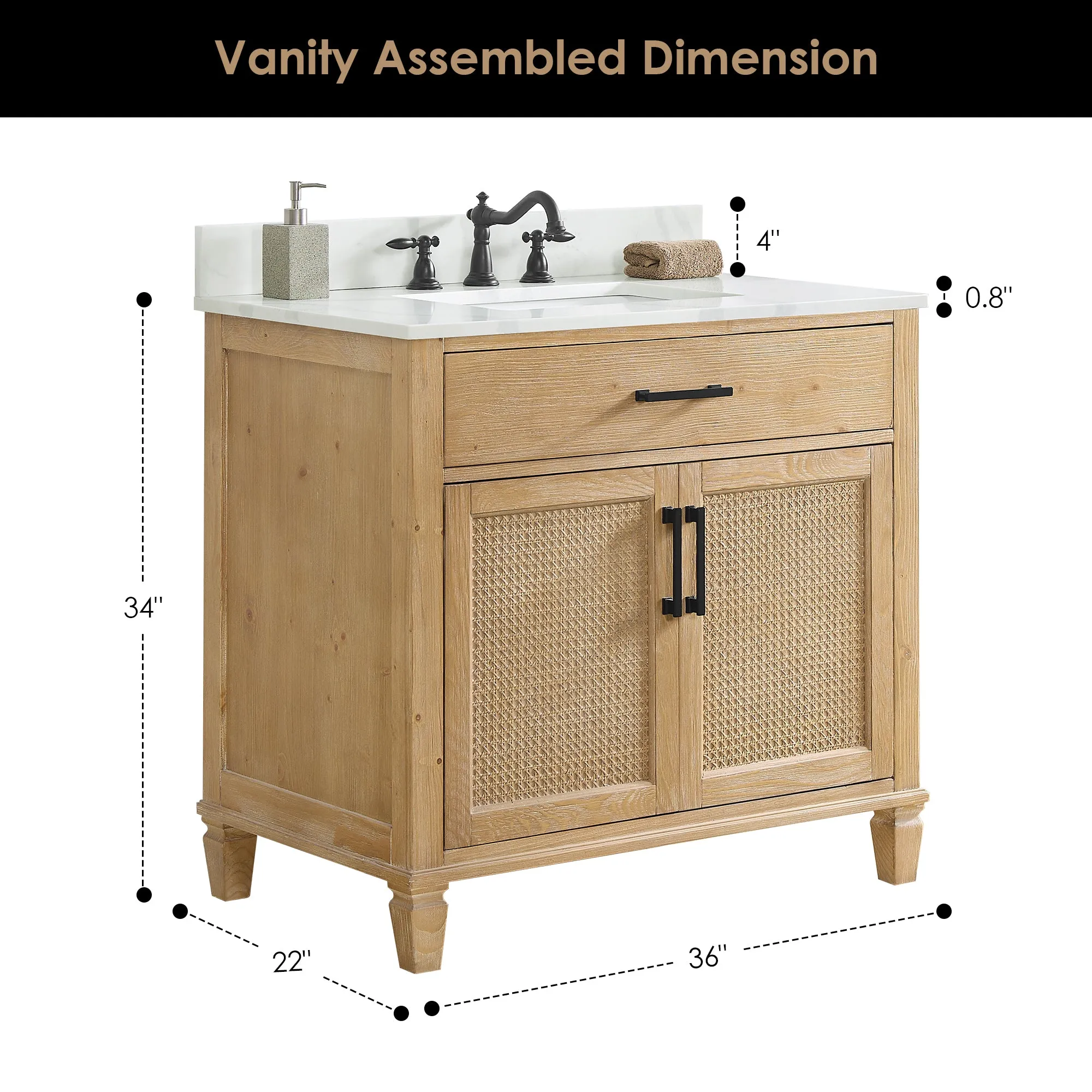 Solana 36" Single Bathroom Vanity in Weathered Fir with Calacatta White Quartz Countertop