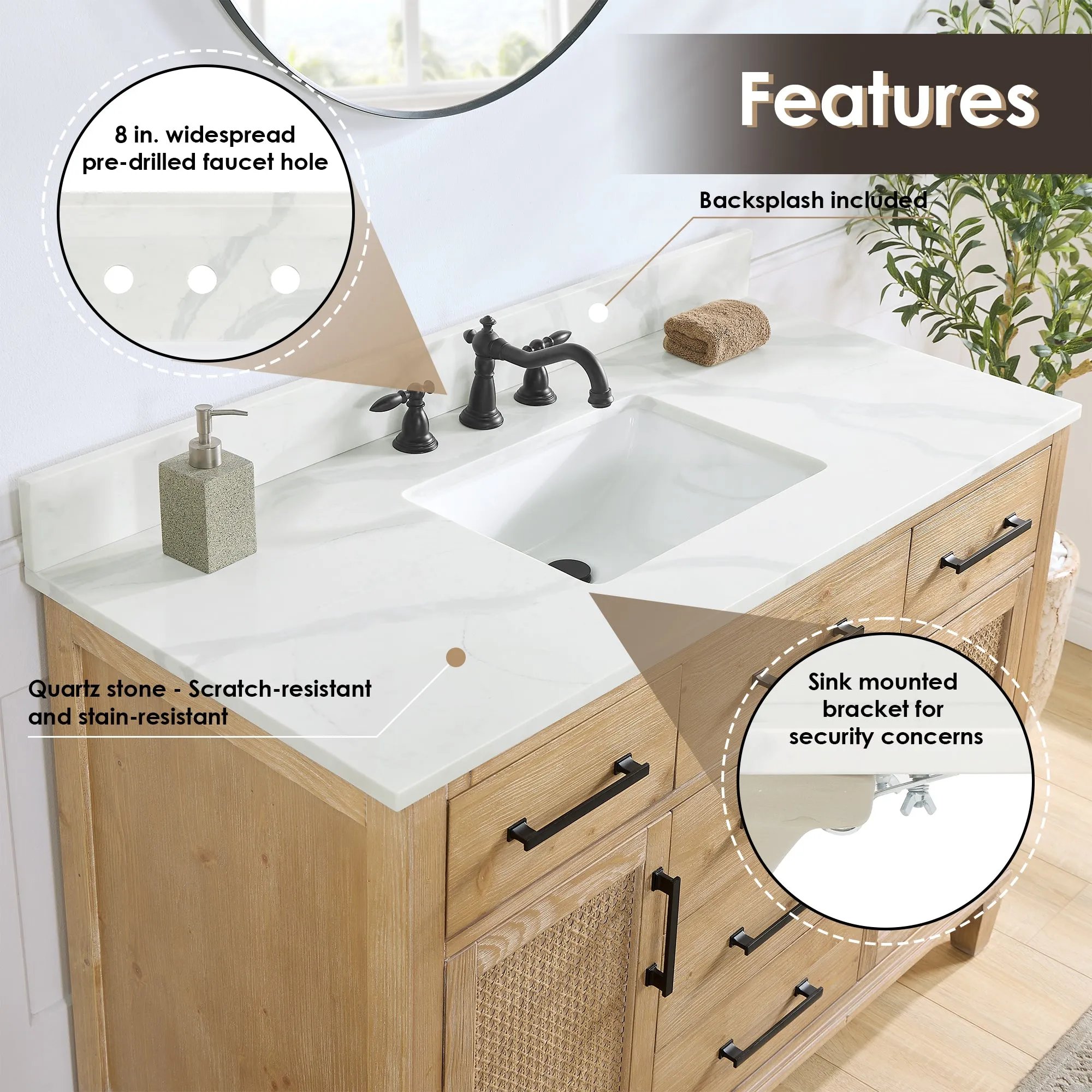 Solana 48" Single Bathroom Vanity in Weathered Fir with Calacatta White Quartz Countertop