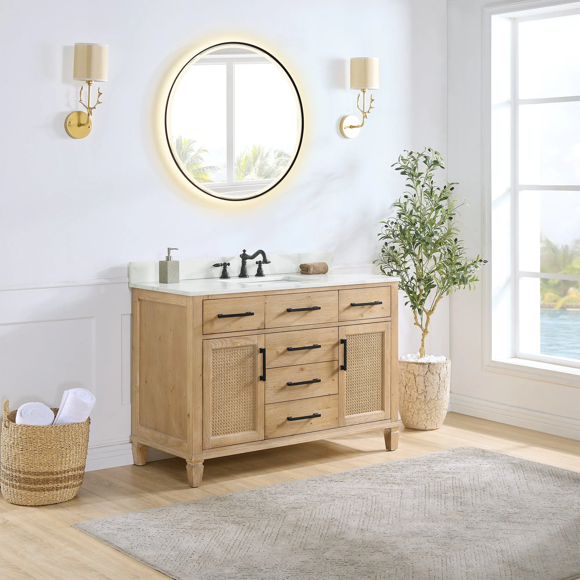 Solana 48" Single Bathroom Vanity in Weathered Fir with Calacatta White Quartz Countertop